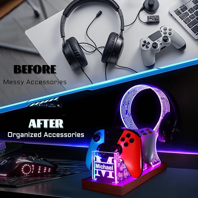 YuanDian Gamer Gifts for Teenage Boy, Desk Gaming Headset and Controller Stand with Blue Pink LED Night Light, Acrylic Wooden Controller Holder with PCB Pattern, Desk Decor Gift (Customized)