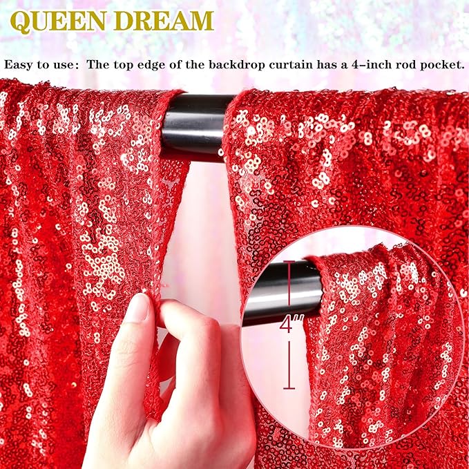 QueenDream Red Sequin Backdrop 2 Panels 2FTx8FT Christmas Party Backdrop Curtains Glitter Photo Background Wedding Stage Decorations