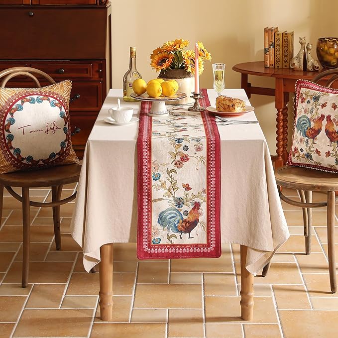 patdrea Designer Farmhouse Linen Table Runner, Rustic Cottage Mauve with Rooster and Floral Pattern Fabric Table Mat, Decoration for Kitchen Dining Coffee Table Banquet Christmas , 12"*102"