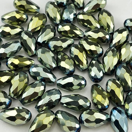 100pcs 8x12mm Teardrop Crystal Glass Beads for Jewelry Making, Faceted Vertical Hole Teardrop Glass Spacer Beads for Wind Chimes Bracelet Earring Necklace DIY Craft(Green Light)