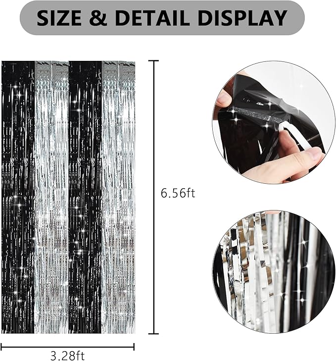 TONIFUL Silver Black Door Streamers,Silver and Black Photo Booth Backdrop Metallic Streamers Foil Fringe Curtain for Birthday,New Year,Graduation,Grad,Bachelorette Party Streamers Decoration