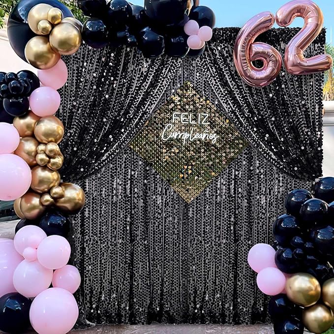 Black Big Payette Sequin Backdrop - 2 Pieces 4ftx8ft Birthday Party Reception Photo Booth Backdrop Curtains Drapes Fabric