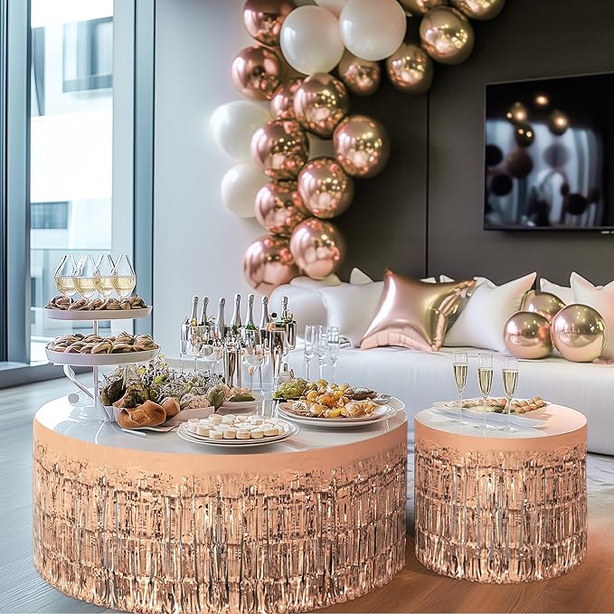 2 Pack Rose Gold Table Skirts, 29x108" Metallic Foil Tinsel Fringe Table Skirts for Rectangle Tables Streamer Curtains Backdrop, Party Decorations for Birthdays Weddings Holidays