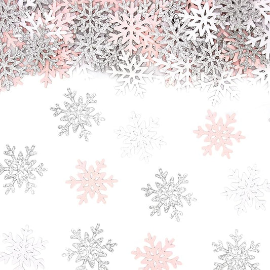 200PC White Pink Silver Snowflake Confetti for Winter Wonderland Decorations Small Snowflakes Table Scatter for Winter Onederland Christmas Birthday Baby Shower Party Table Decor Supplies