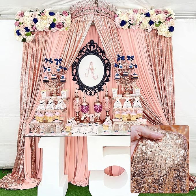 Backdrop Curtain Drapes 2 Panels Rose Gold Party Sequin Background 2FT x 8FT Wedding Ceremony Birthday Decorations Shimmer Fabric