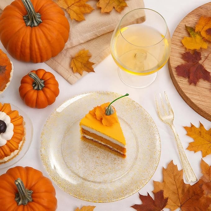 Festiva 200Pcs Gold Glitter Dessert Plates 6.3" with Forks 5"-Small Plastic Dessert/Cake/Appetizer Plates Disposable for 100 Guests Thanksgiving Party &Wedding& Birthday& Christmas