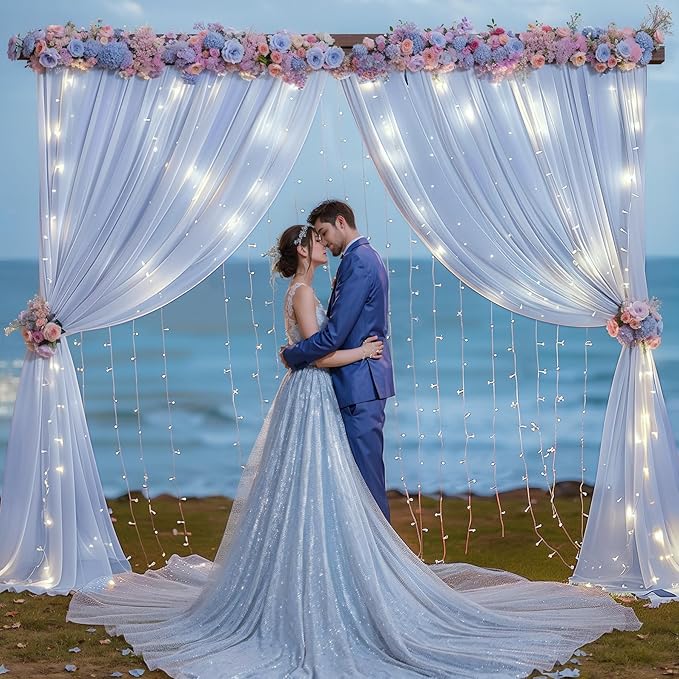 10ft x 10ft Baby Blue Chiffon Backdrop Curtain with Lights String for Parites Wedding Light Blue Curtains Photo Backdrop Drapes for Baby Shower Birthday Party Home Decorations
