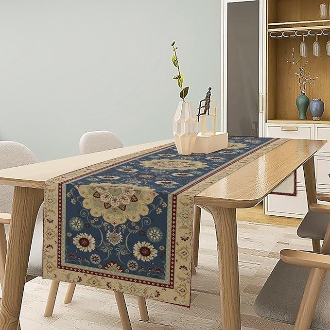 Vintage Boho Floral Table Runner, Elegant Rustic Country Farmhouse Blue Yellow Retro Flower Pattern for Home Kitchen Table Decor Dining Coffee Room Party Decor 13x60in