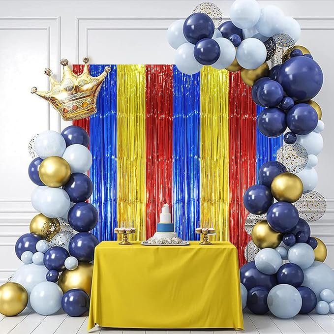 3 Pack 3.3 x 8.2 ft Blue Red Gold Foil Fringe Backdrop Curtains, Tinsel Streamers Party Decorations, Fringe Backdrop, Door Shimmer for Birthday Party