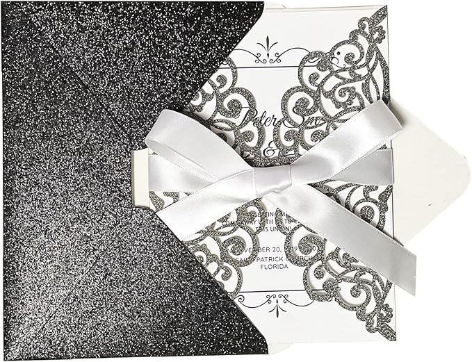 50Pcs Laser Cut Black Wedding Invitation With Glitter Envelopes And Ribbons Blank Personalized Card Invitaciones Para quinceañera Birthday Baby Shower Christmas Party Bridal Shower