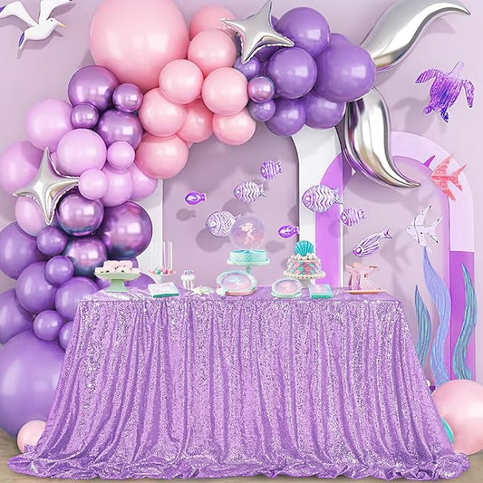 QueenDream Sparkly Sequin Tablecloth - Light Purple Table Cloth 50x80 Inches Rectangle Table Overlay Fabric for Birthday Parties Baby Shower Decoration