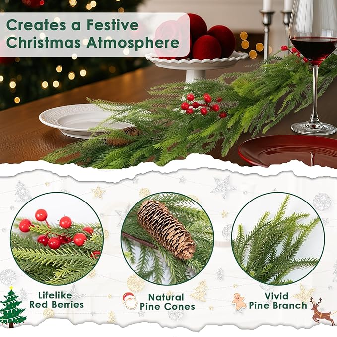 6FT Norfolk Pine Garland Christmas Artificial Greenery with Red Berries Cones, Pine Tree Decor for Mantel Fireplace Stair Rail Doorway Table, Indoor Outdoor Winter Christmas Decorations