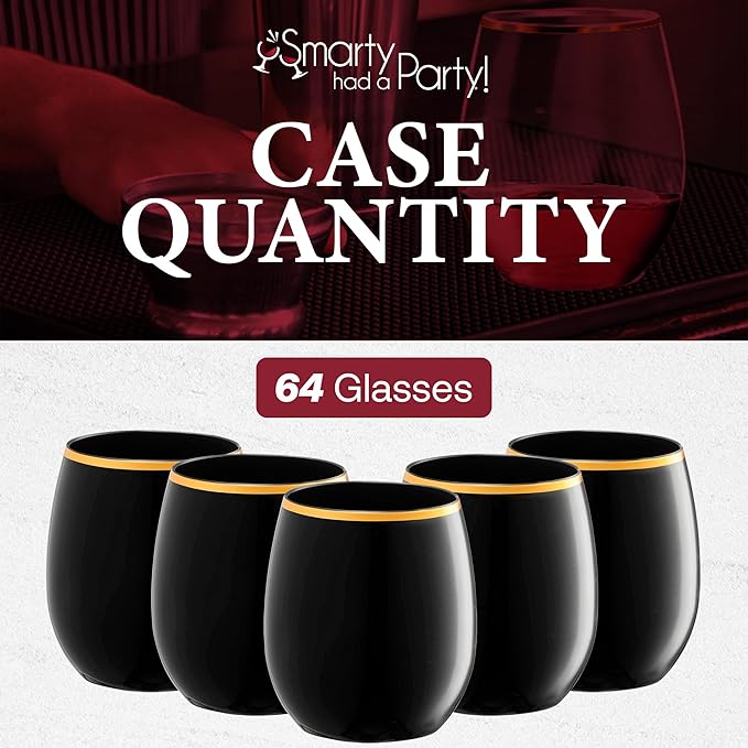 Smarty Had A Party 12 oz Wine Glasses Pack of 64 Black with Gold Stemless Unbreakable Plastic Glasses, Disposable or Reusable for Parties, Weddings, and Events