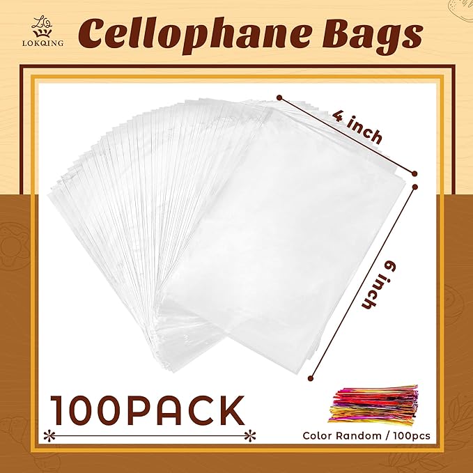 LOKIQNG Cellophane Bags Plastic Treat Bag Clear Cookie Candy Bags with Twist Ties for Party Favor Bag(100PACK,4x6inch)