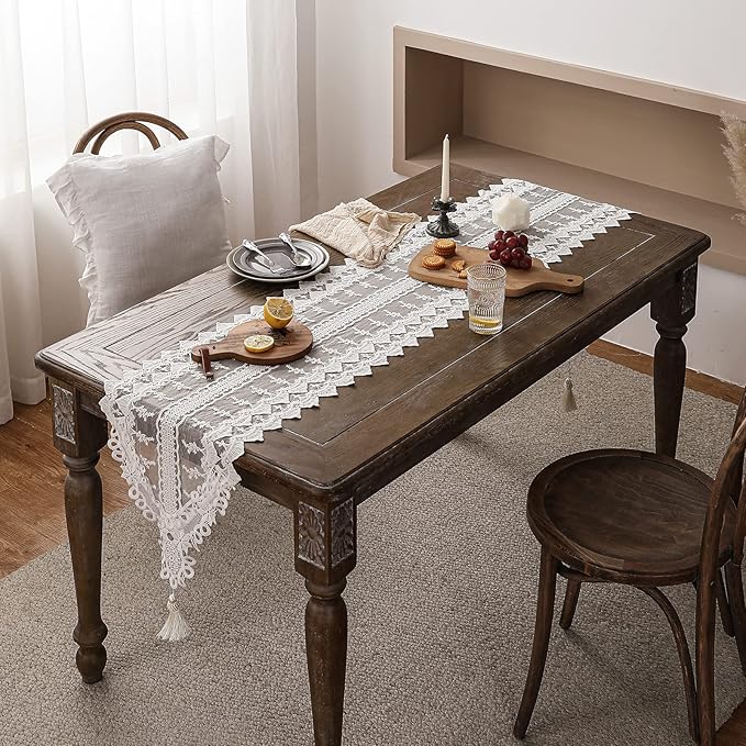 patdrea Designer Vintage White Lace Table Runner,Crochet Decorative Table Covers,Chiffon Embroidered Tasseled Table Runners, Cutwork Dresser Runners,Christmas Wedding Party Bridal 16x71 Inches Long