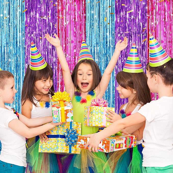 2 Pack Blue Purple Pink Metallic Tinsel Foil Fringe Curtains, Door Streamers Photo Booth Backdrop for Birthday Party, Tinsel Curtain Backdrop for Baby Shower Bachelorette Christmas Party Decorations