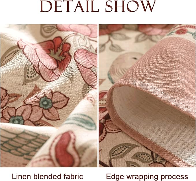 patdrea Designer Pink Linen Table Cloth for Rectangle Table,Vintage Floral with Birds Pattern Decorative Tablcloth,French Table Cover for Kitchen Dining,Thanksgiving,Christmas,63"x110"-Kulom a