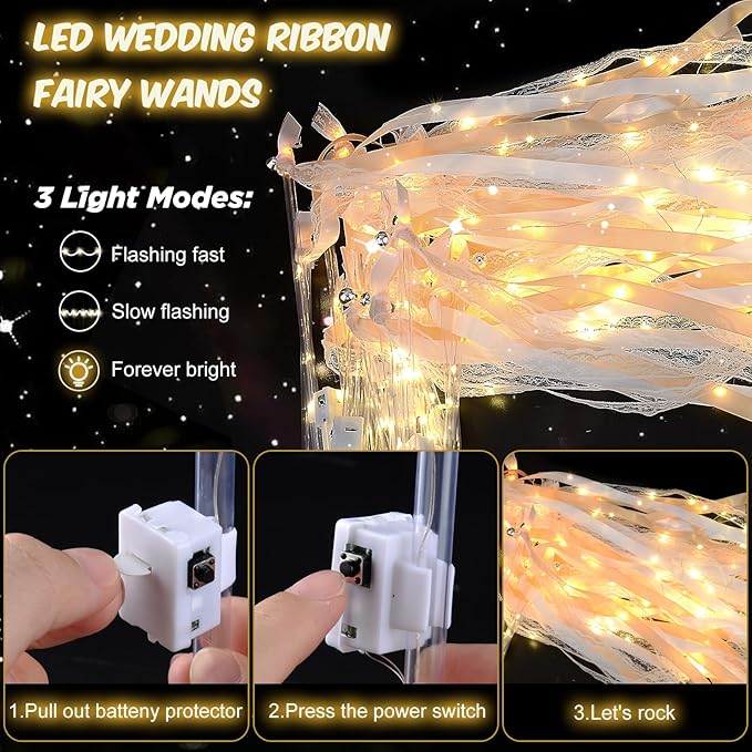 58 PCS Wedding Wands with Lights,Fairy Wands, LED Silk Fairy Wand with Bells for Wedding Send Off, New Year, Raves, Concert, Birthday