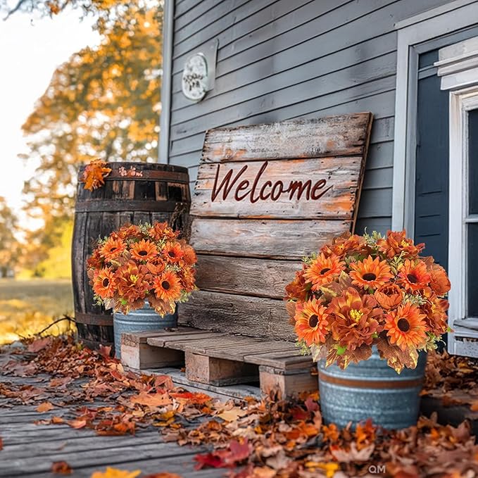 6 Pcs Fall Flowers Artificial for Decoration Silk Burnt Orange Flowers Fall Artificial Sunflowers Bouquet with Fall Leaves Stems 13 Inch Mixed Bush for Outdoor Decoration Cemetery Grave Autumn