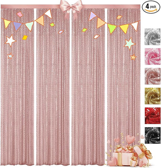 VOK Rose Gold Sequin Backdrop Curtains 4 Panels 2FTx8FT Glitter Photography Background for Wedding Birthday Christmas Party Decorations
