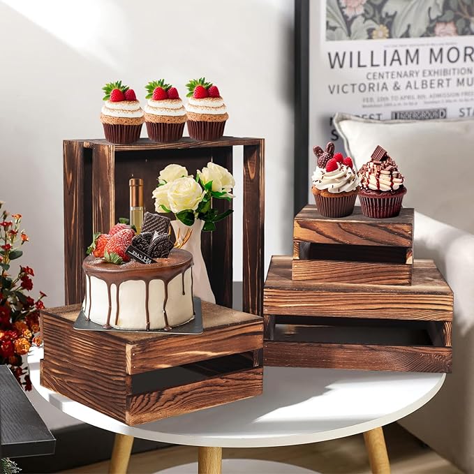 8 Pcs Buffet Risers with Mini Signs, Rustic Wood Cake Stands, Food Risers for Buffet Table, Dessert Display Stand, Wood Crates, Rustic Cake Stand for Party, Wedding, Birthday, Baby Shower, 4 Sizes