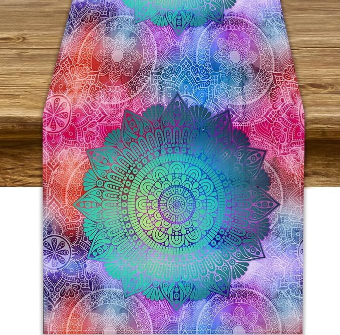 Green Mandala Table Runner, Bohemian Vintage Colorful Exotic Colorful Floral Print Table Runner for Wedding Dining Table Holiday Party Kitchen Home Decor, 13x36inch