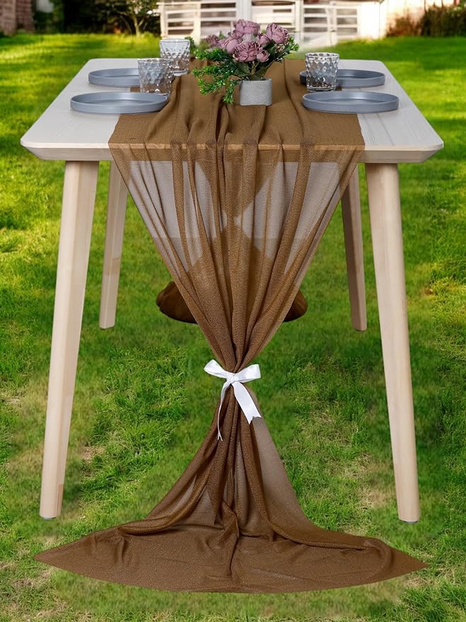 MDS 2 Pack 14ft Chiffon Table Runner 29 x 170 Inches Sheer Wedding Runner Romantic Rustic Table Runner for Wedding Decorations, Birthday Parties, Bridal Shower Party Arch Decor - Mocha