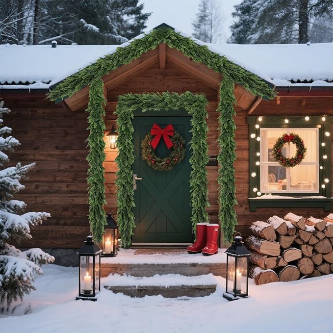 2PCS Christmas Cedar Garland 9Ft Artificial Realistic Soft and Thickness Green Faux Cedar Pine Garlands, Holiday Xmas Decoration Stairs Wall Mantle Door Indoor Outdoor(2pcs, 9ft)