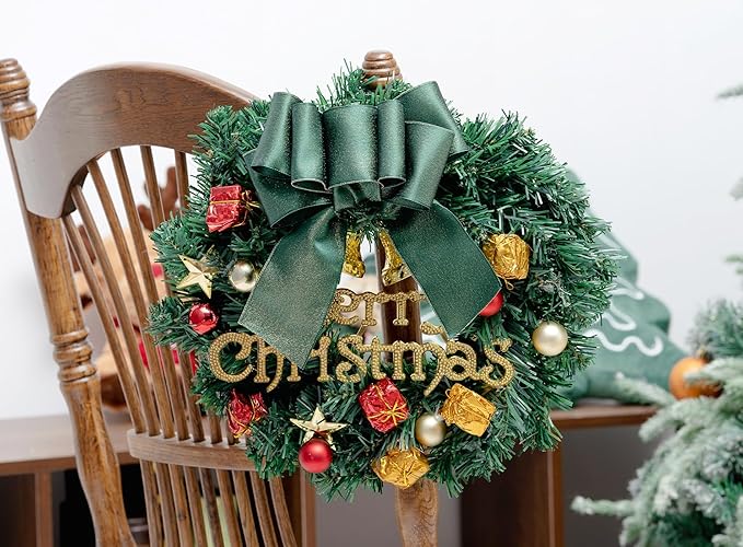 Christmas Ribbon Wired Green Satin Ribbons 2-1/2 Inch Double-Faced Gold Glitter for Tree Decoration, Wreath, Gift Wrapping, Home Decor 10 Yards