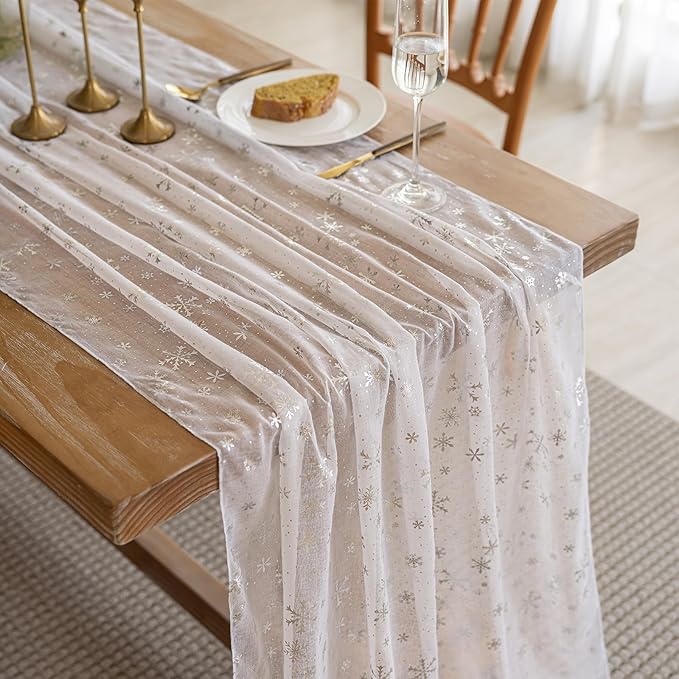Silvery Snowflake Metallic Print Tulle Christmas Table Runner, Seasonal Winter Kitchen Dining Table Decoration for Home Party Decor 35x120 Inch(Off White)