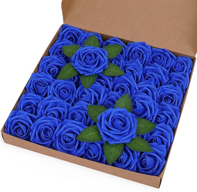 BLEUM CADE 36Pcs Artificial Flowers Fake Roses with Stems, Royal Blue Boxed Foam Roses for DIY Bouquets Centerpieces Wedding Party Arrangement Bridal Shower Decor