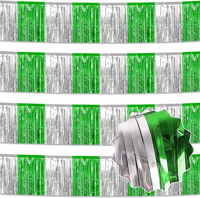 4 Pack 10 Ft Silver Green Foil Fringe Garland Metallic Streamers Tinsel Banner Wall Hanging Garland Backdrop for Parade Floats, Halloween, Christmas, Thanksgiving, New Year Party Decorations