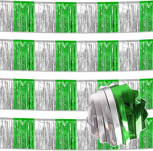 4 Pack 10 Ft Silver Green Foil Fringe Garland Metallic Streamers Tinsel Banner Wall Hanging Garland Backdrop for Parade Floats, Halloween, Christmas, Thanksgiving, New Year Party Decorations