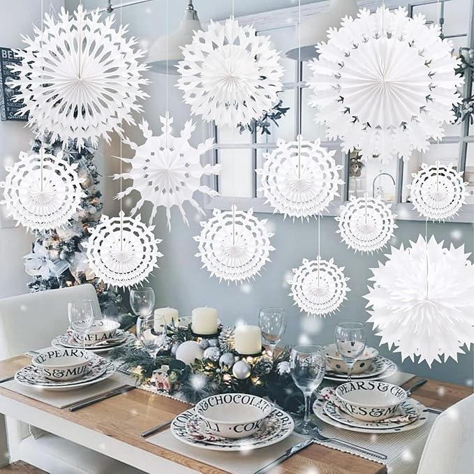 BestoFun 12 PCS White Paper Snowflake Decorations Frozen Birthday Party Supplies Winter Wonderland Party Decorations Christmas Large Snowflake Decorations Hanging Snowflake Decorations