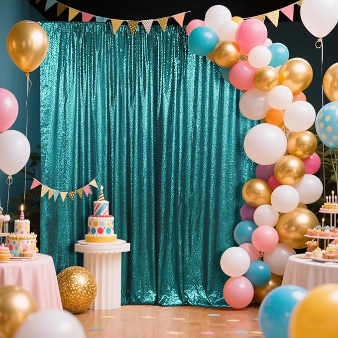 SquarePie Sequin Backdrop Curtain Not See Through Thick Glitter Background for Party 8FT x 10FT Teal