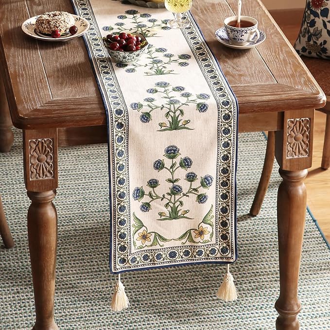 patdrea Designer Blue Rustic Elegant Floral Patterned Linen Table Runner 102 Inch Long,Wrinkle Resistant Table Mat,Decoration for Kitchen Dining and Coffee Tables Banquet Christmas ,12"x102"