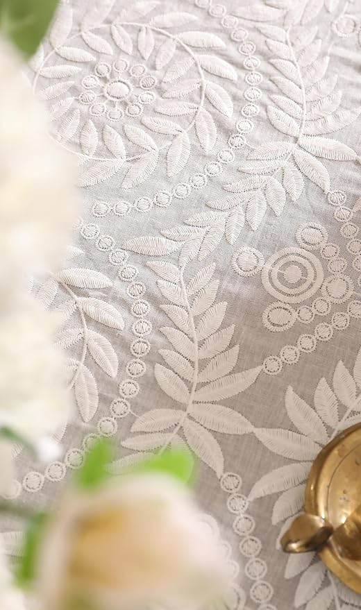patdrea Vintage Ruffle Tablecloth for Round Tables,Farmhouse Embroidered Cotton White Lace Table Cloth Cover Decor for Dining Room Wedding Banquet Thanksgiving Christmas,Dimaeter 59"