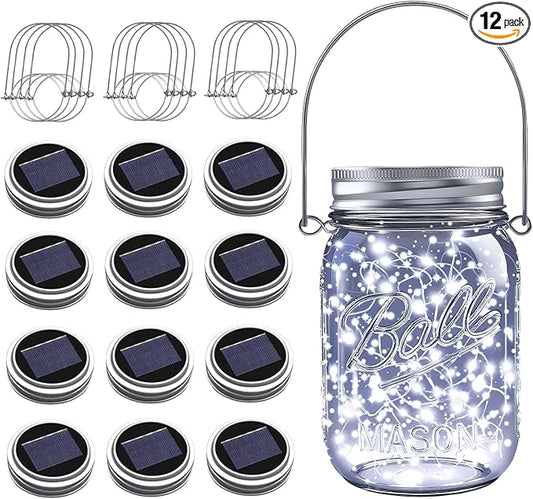 ZNYCYE Mason Jar Solar Lights for Outside, 12 Pack 30LED Fairy Lights Mason Jar Solar Lids Outdoor Waterproof String Lights with Hangers(NO Jars) for Patio Garden Yard Lawn Decoration - Cool White