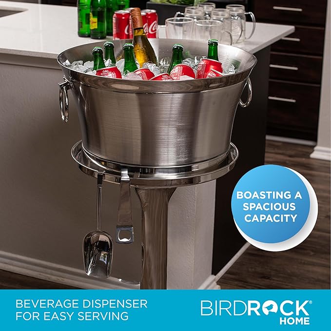 BIRDROCK HOME Metal Beverage Tub w/Stand, Scoop & Bottle Opener - Stainless Steel Double Wall Ice Cooler - Large Drinks, Beer, Wine, Champagne Chiller Buckets w/Holder for Parties - Silver Container