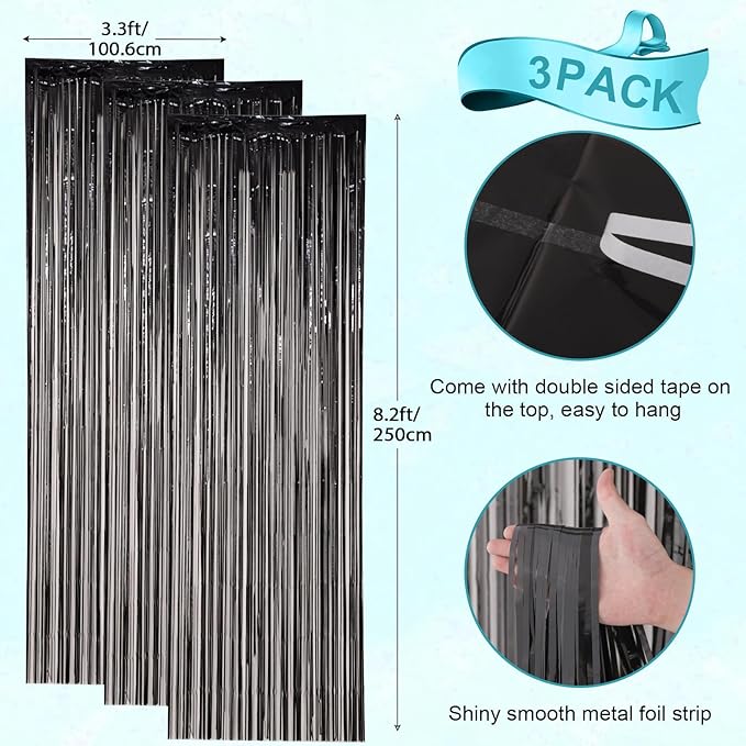 3 Pack 3.3x8.2 Feet Black Foil Fringe Backdrop Curtains, Tinsel Streamers Birthday Party Decorations, Fringe Backdrop for Graduation, New Years, Halloween, Disco Party