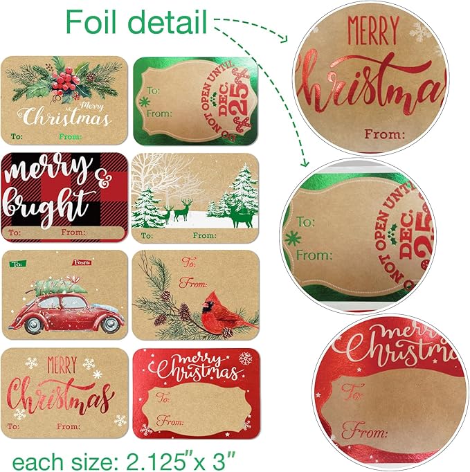80-Count Foil Kraft Christmas Tags Sticker，8 Jumbo Designs - Xmas to from Christmas Stickers Name Tags Write On Labels - Holiday Present Labels