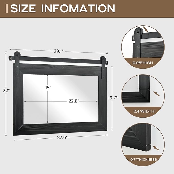 COGOOD Farmhouse Barn Door Mirror - 29" x 22" Rustic Wood Framed Wall Mirror for Bathroom, Living Room, Entryway Wall Decor (Black)