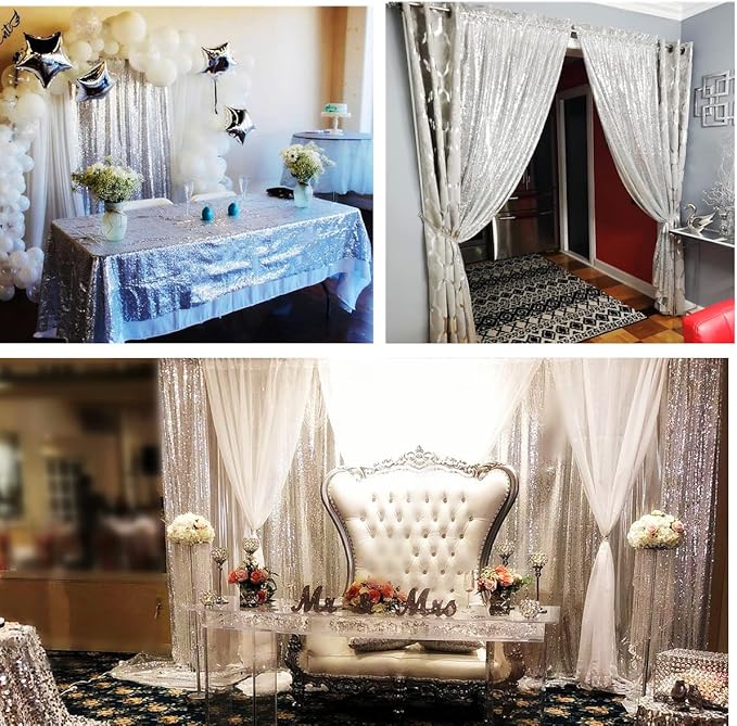 Poise3EHome 2Pcs 3Ft x 8Ft Silver Sequin Backdrop Curtain, Glitter Photography Background, Sequence Xmas Thanksgiving Backdrop for Wedding Party Holiday Festival Decor