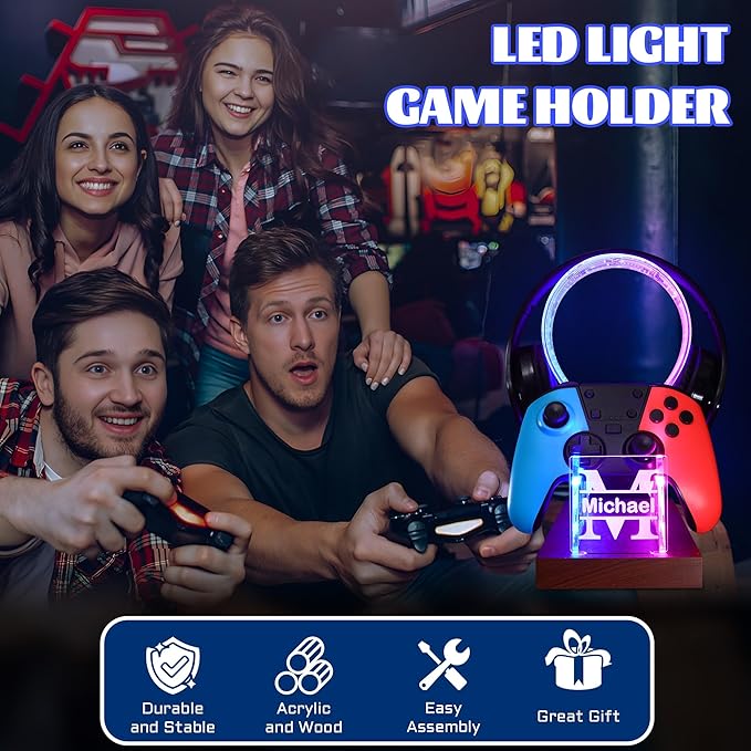 YuanDian Gamer Gifts for Teenage Boy, Desk Gaming Headset and Controller Stand with Blue Pink LED Night Light, Acrylic Wooden Controller Holder with PCB Pattern, Desk Decor Gift (Customized)