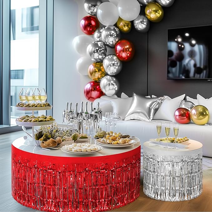3 Pack Red Dark Blue Silver Table Skirts, 29x108" Metallic Foil Tinsel Fringe Table Skirt for Rectangle Tables Streamer Curtains Backdrop, Party Decorations for Birthdays, Weddings, Holidays