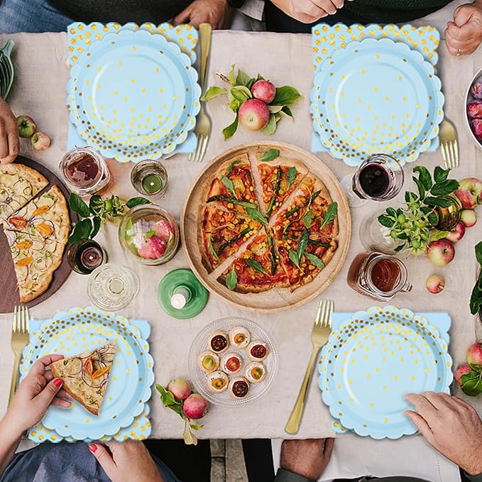 Light Blue Paper Plates and Napkins Party Supplies, Disposable Gold Dot Dessert Plates and Scalloped Napkins for Blue Party Decorations, Serves 35 Guests