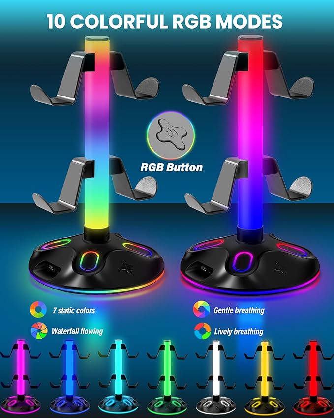 RGB Headphone Stand for Desk, Innovative Headset Stand with 9 Light Modes - Controller Holder with USB Charging and Type-c Port, Gamepad Earphone Accessories (Black)