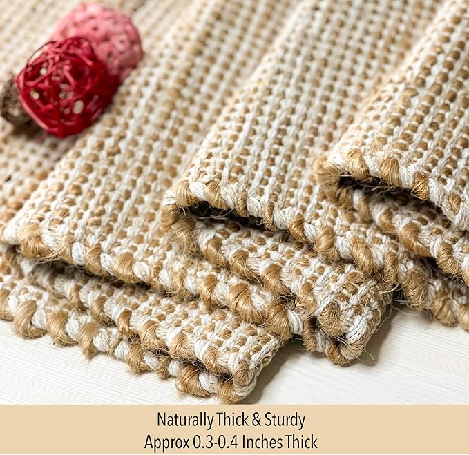 Chardin home Natural Jute Table Runner 13x108 Inch – Vintage Boho Rustic Table Decor – Handwoven Long Table Runner in Natural Jute and Ivory – Farmhouse Dining or Console Table Accent