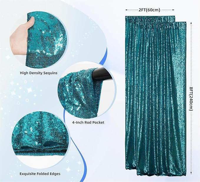Juya Delight 2ft x 8ft x 2Pcs Teal Sequin Photography Backdrop Curtain for Wedding Party Decoration Festival Ceremony