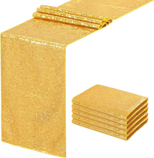 Sequin Table Runners 5 Pieces Gold Table Runners 12x72 Inch Glitter Dining Table Cover for Party Wedding Birthday Reception Banquet Decoration Spring Party Chair Sashes